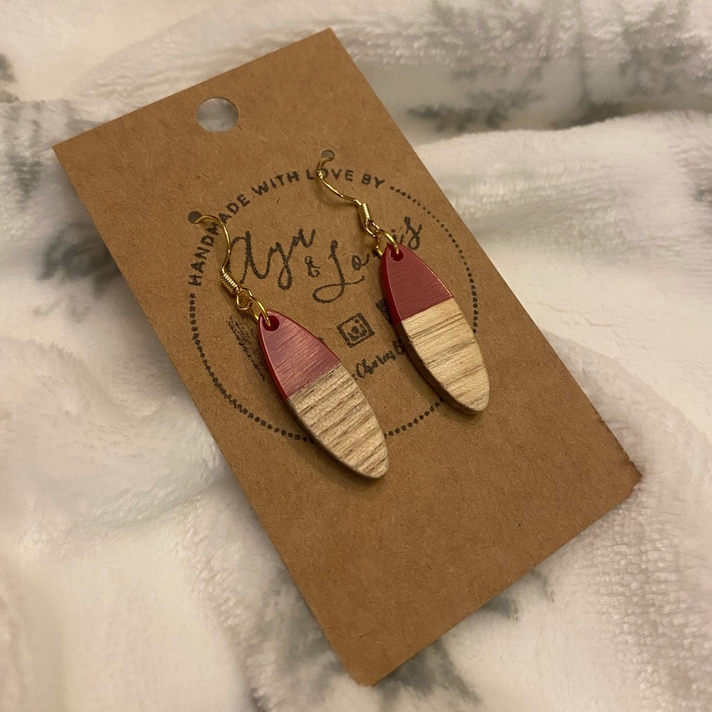 Red Oval Resin and Wood Earring